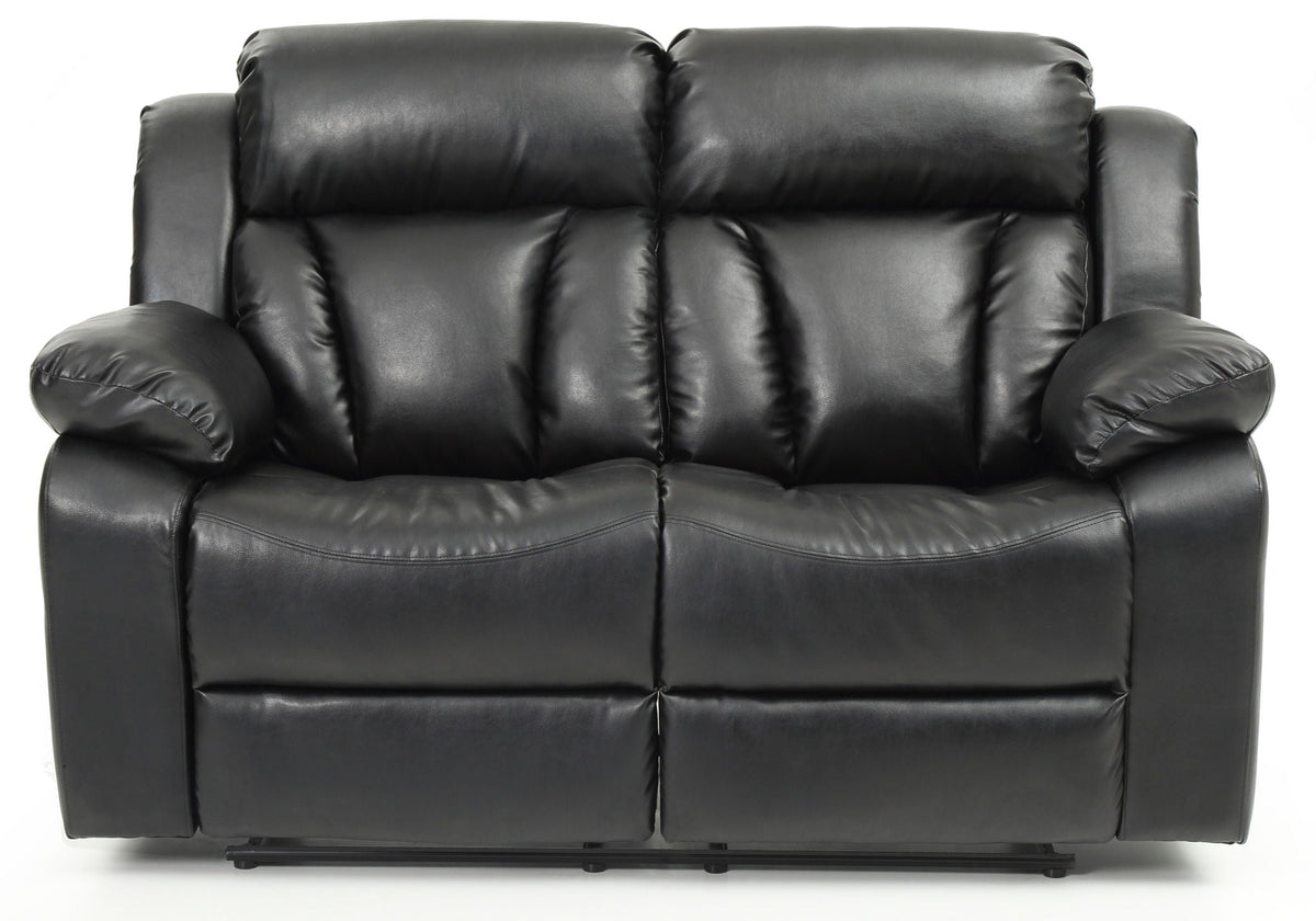 Cozy padded reclining loveseat in black leather with plush cushions and wide arms on Tampa Home & Garden Store