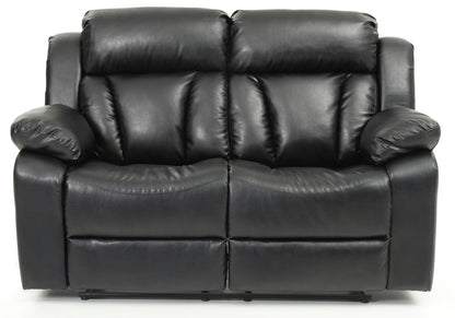 Cozy padded reclining loveseat in black leather with plush cushions and wide arms on Tampa Home & Garden Store