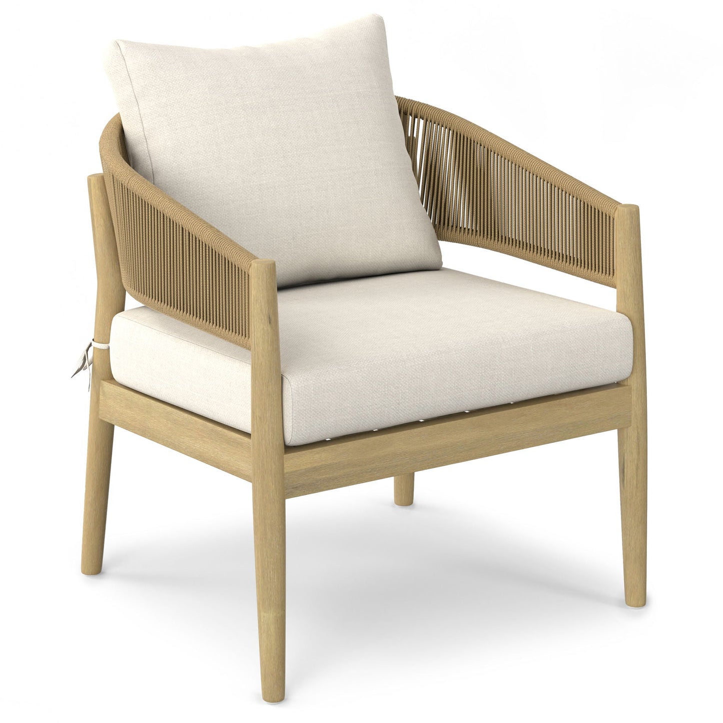 Bayshore outdoor chair set of 2, natural wood with beige cushions and rope-wrapped arms on Tampa Home & Garden Store