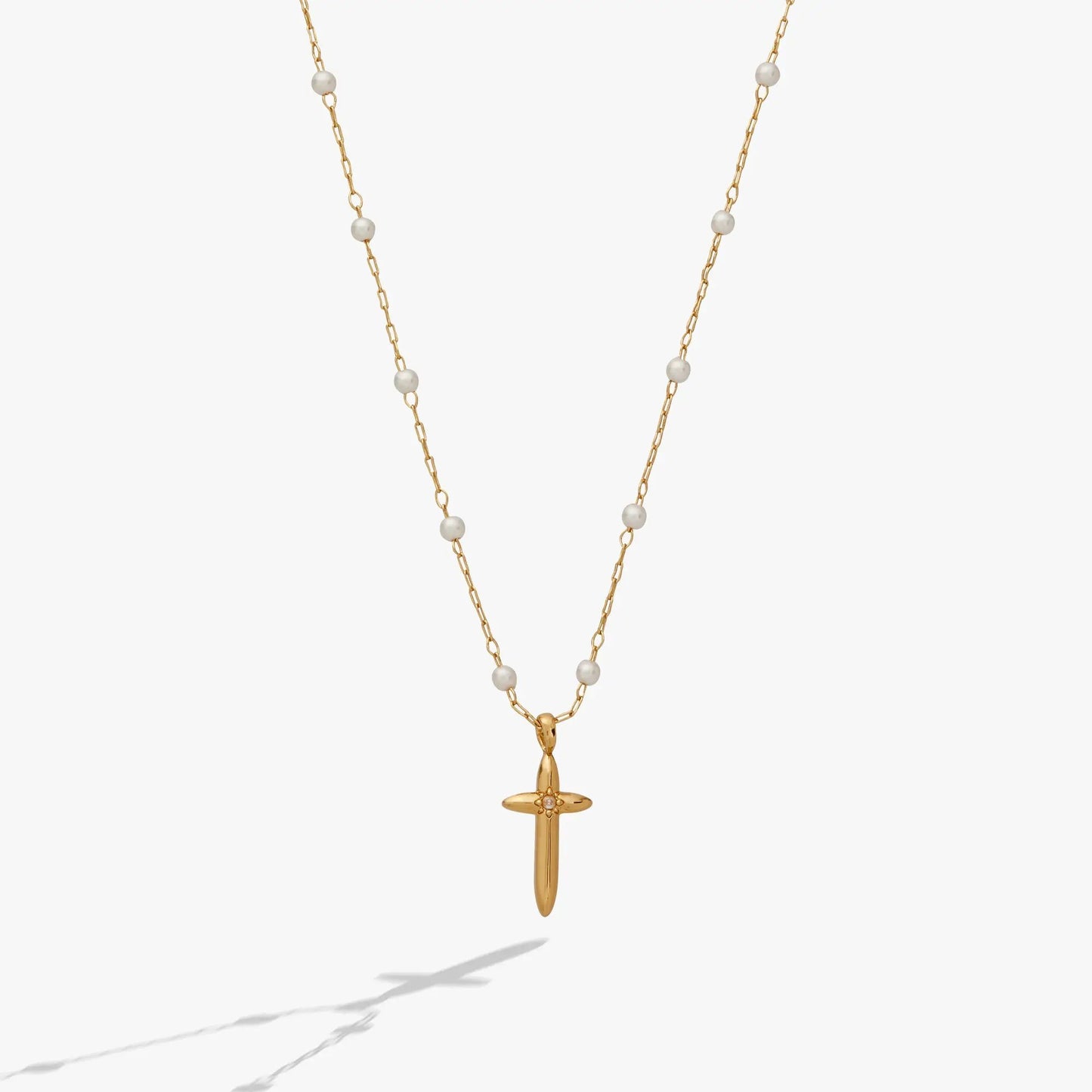 Cross Four Thirteen Pearl Rosary Chain Necklace