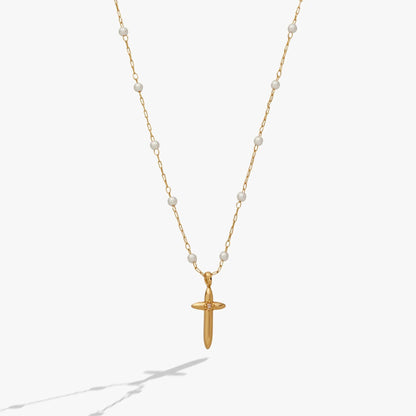 Cross Four Thirteen Pearl Rosary Chain Necklace