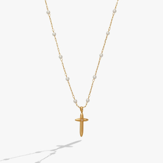 Cross 4:13 Pearl Rosary Chain Necklace gold-tone with pearl beads by Alex and Ani on Tampa Home & Garden Store