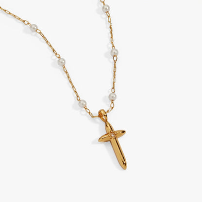 Cross Four Thirteen Pearl Rosary Chain Necklace