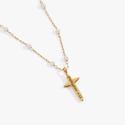 Cross Four Thirteen Pearl Rosary Chain Necklace
