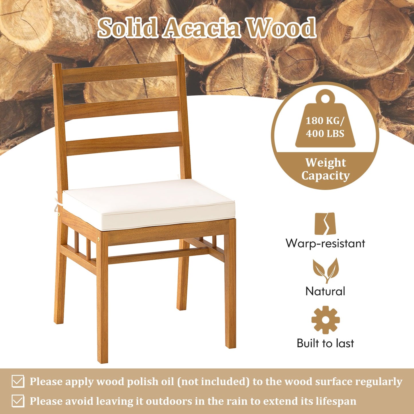 Outdoor Wooden Dining Chair Set of 4 with Padded Seat Cushions-White