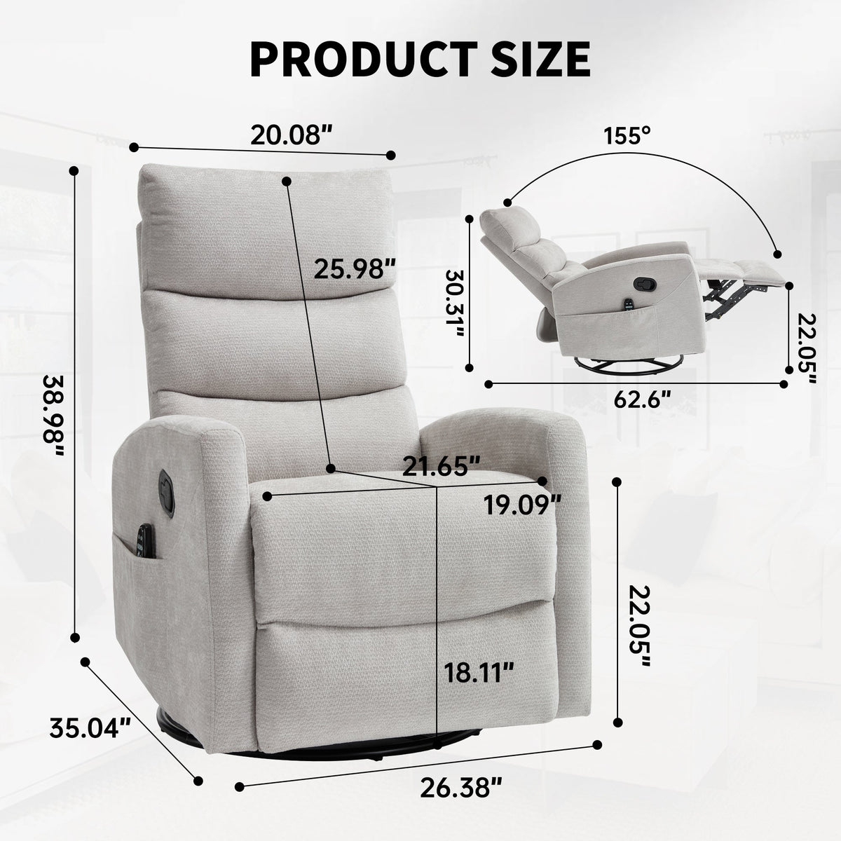 Heat Massage Manual Recliner Chair with Rocker and Swivel in gray fabric by HouseOfZazla on Tampa Home & Garden Store