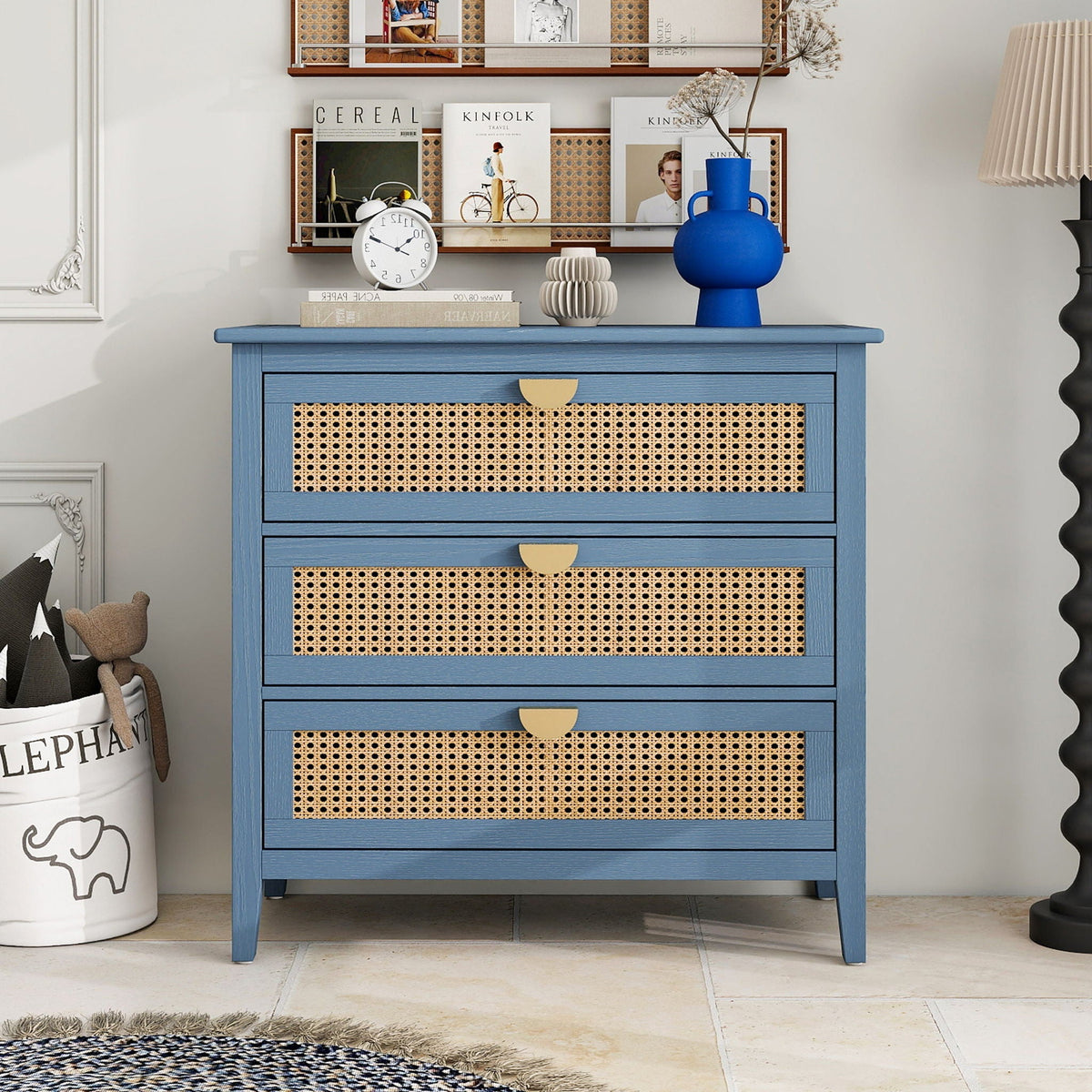 3 Drawer Cabinet in blue with natural rattan cane fronts and brass pulls in a stylish home vignette on Tampa Home & Garden Store