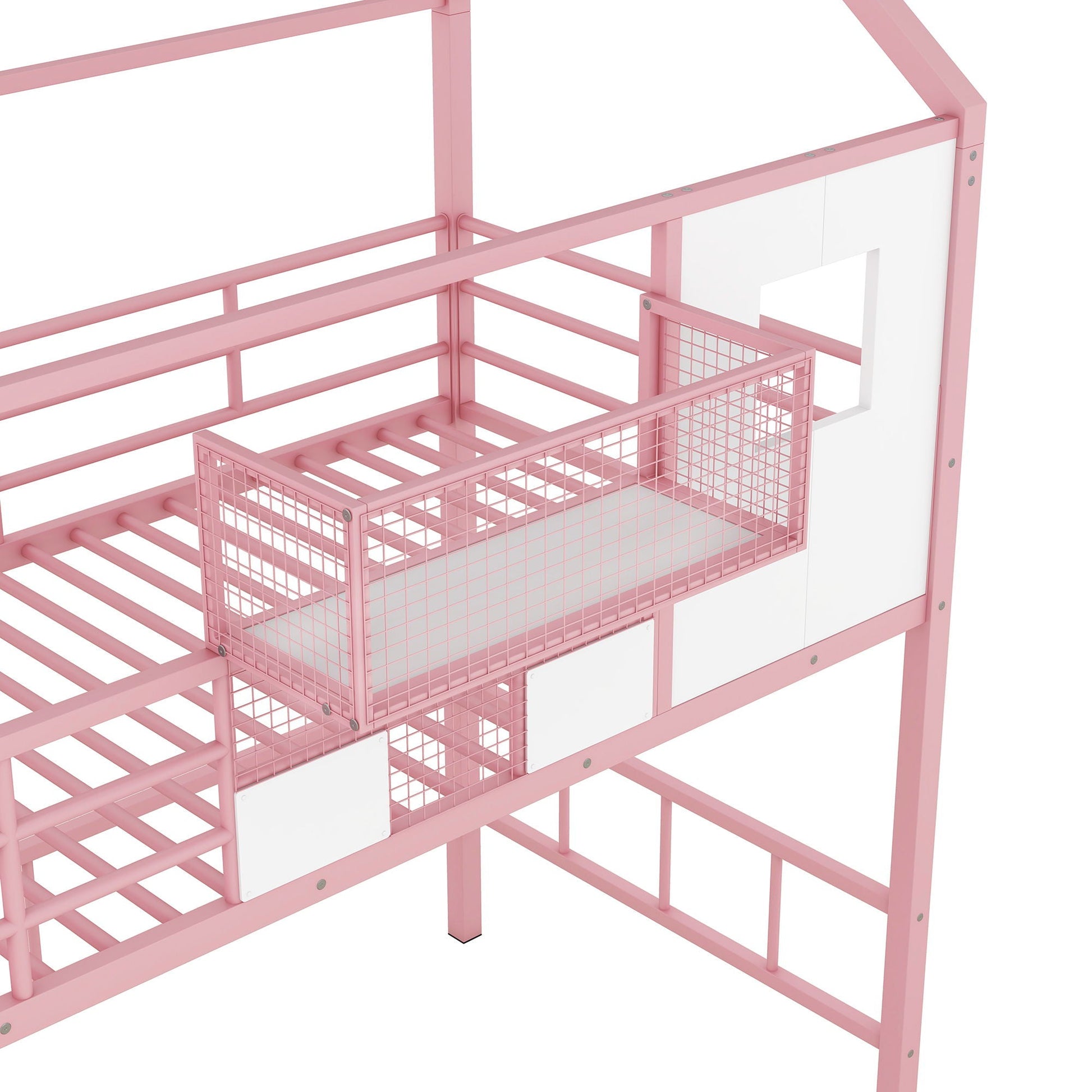 HouseOfZazla pink metal loft bed with guardrails, integrated ladder, roof design and storage basket on Tampa Home & Garden Store