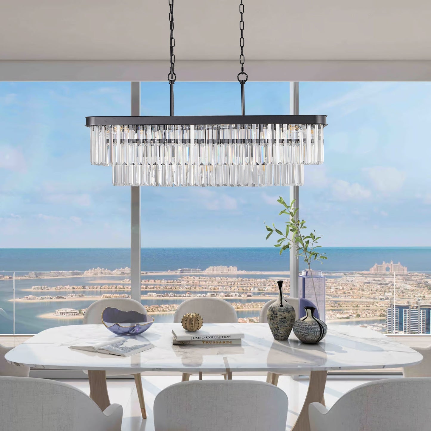 Rectangular crystal chandelier adjustable with black metal frame and clear prisms on Tampa Home & Garden Store