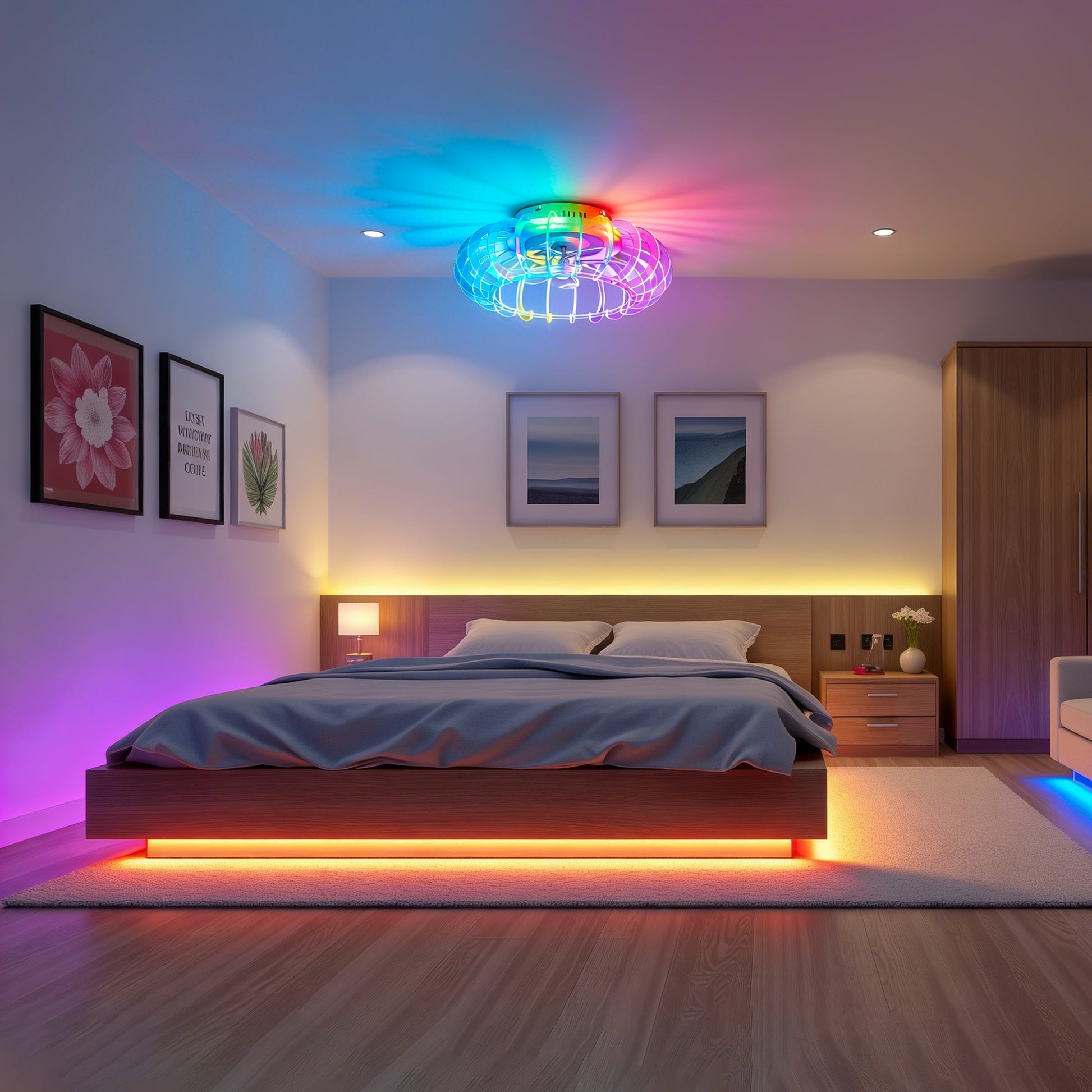 21'' Low Profile Bladeless Ceiling Fan with Lights by HouseOfZazla, rainbow RGB glow in bedroom on Tampa Home & Garden Store