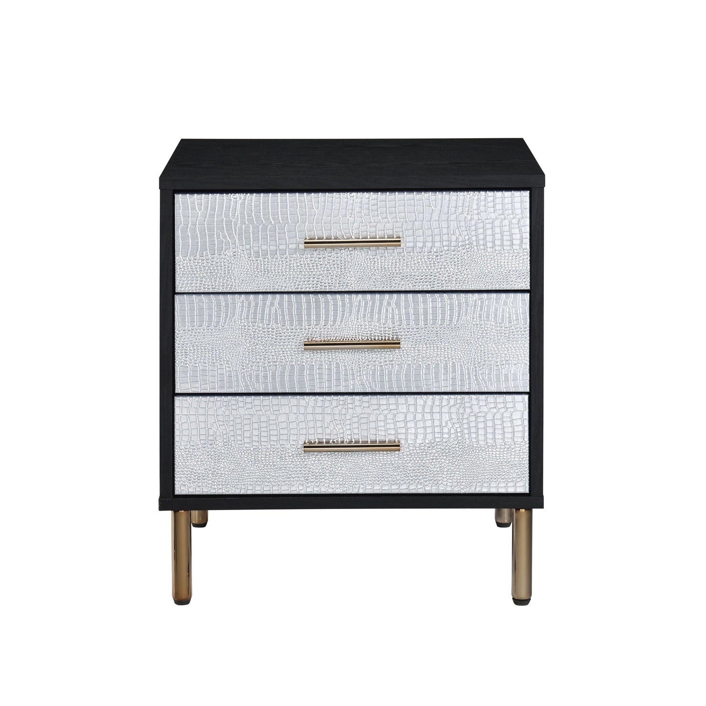 Myles Nightstand by HouseOfZazla, black frame with silver textured drawers and gold handles on Tampa Home & Garden Store