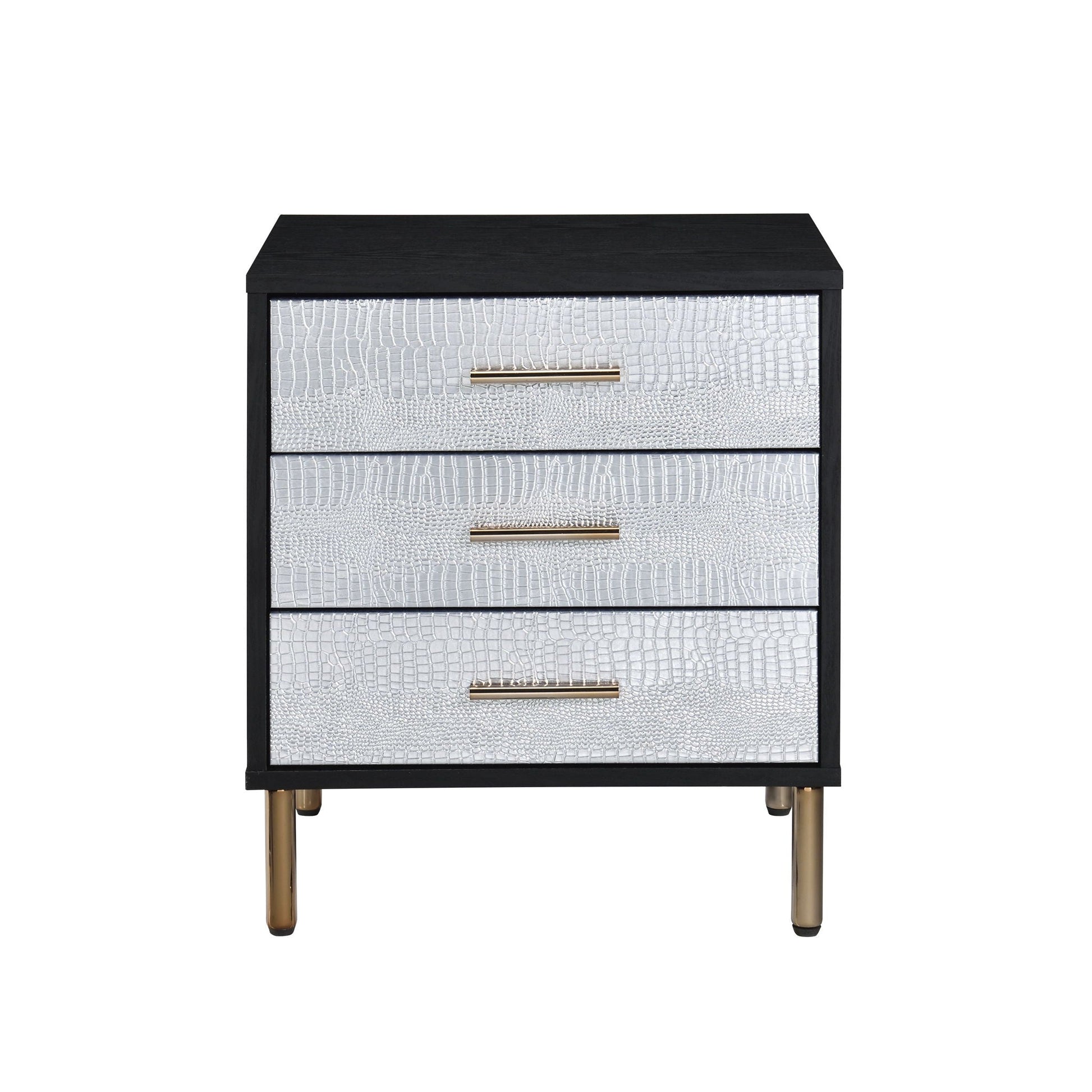 Myles Nightstand by HouseOfZazla, black frame with silver textured drawers and gold handles on Tampa Home & Garden Store