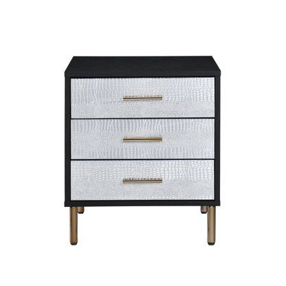 Myles Nightstand by HouseOfZazla, black frame with silver textured drawers and gold handles on Tampa Home & Garden Store