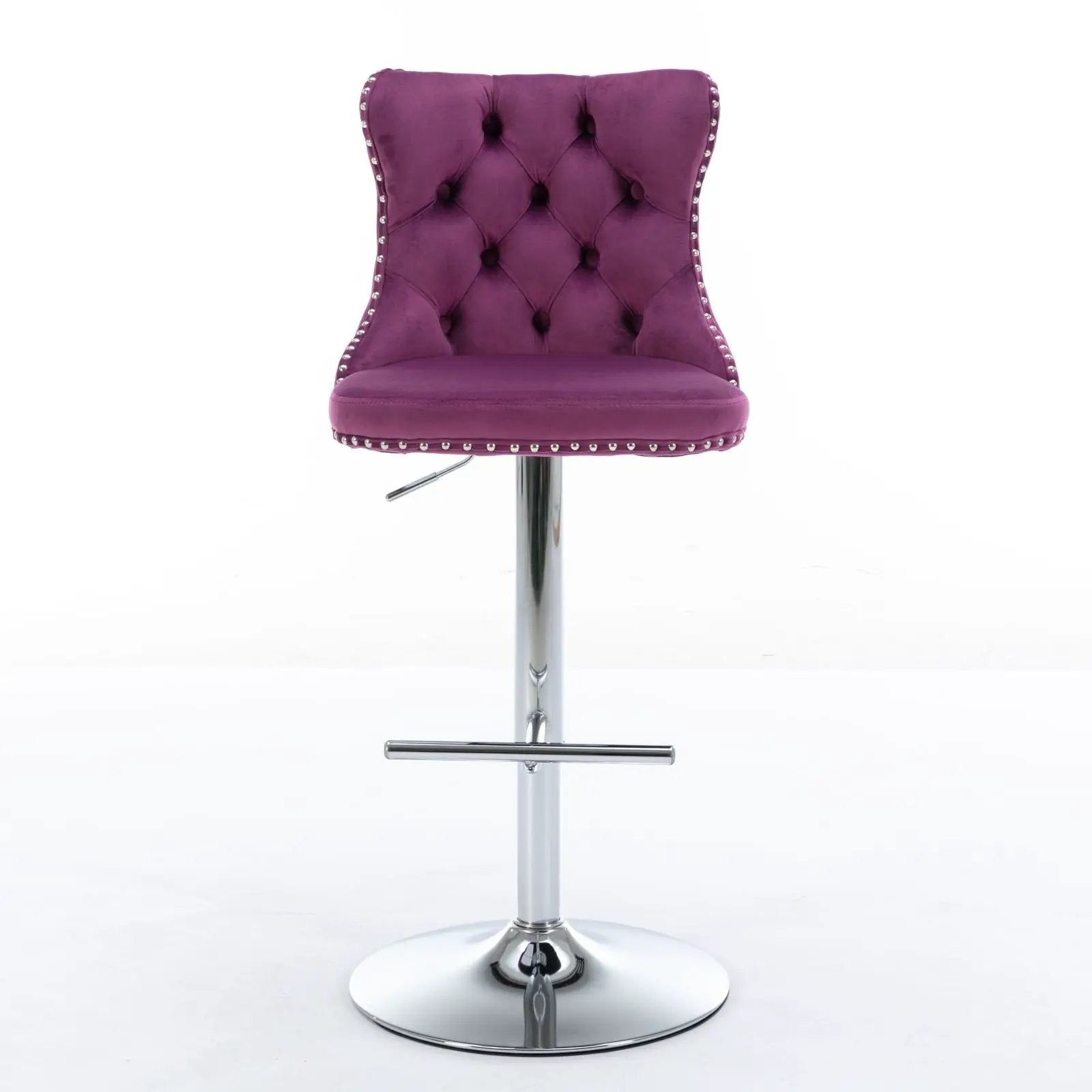 Purple tufted velvet swivel bar stool with chrome pedestal base and nailhead trim on Tampa Home & Garden Store