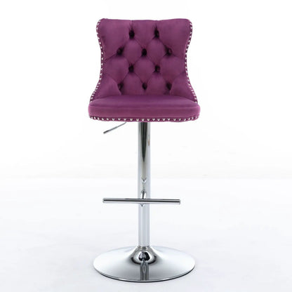 Purple tufted velvet swivel bar stool with chrome pedestal base and nailhead trim on Tampa Home & Garden Store