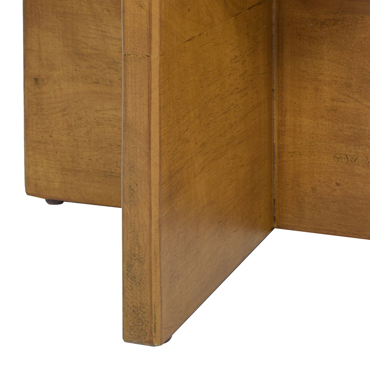 Round upholstered storage ottoman base in warm honey wood with visible grain and small feet on Tampa Home & Garden Store