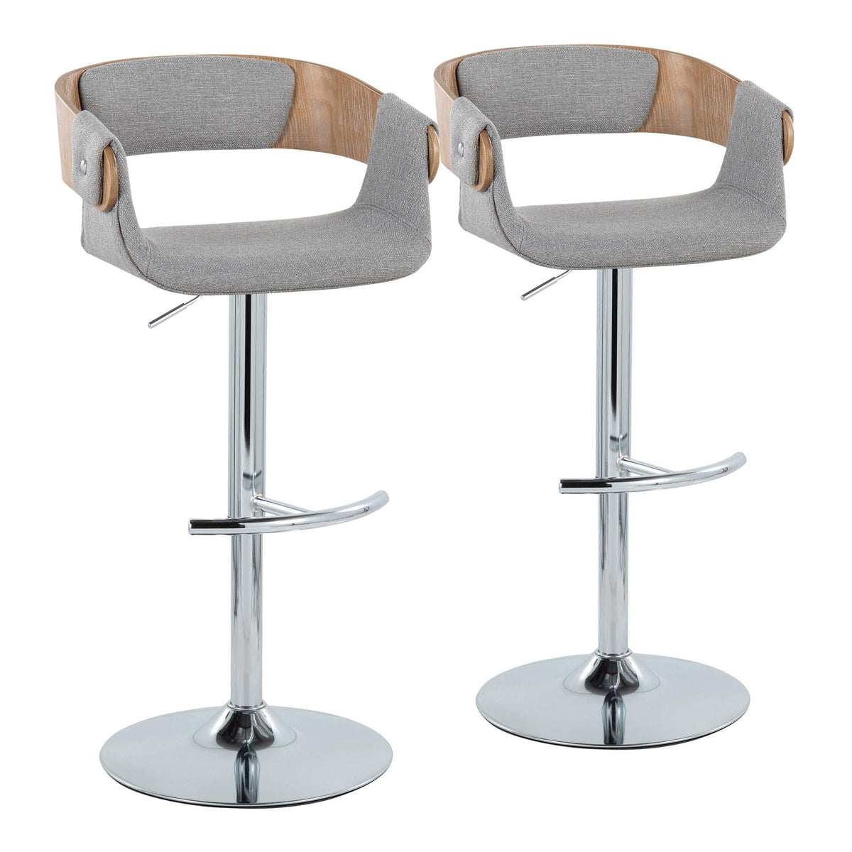 Mid Century barstool set with swivel and rounded T footrest beige gray fabric, 2 stools on Tampa Home & Garden Store