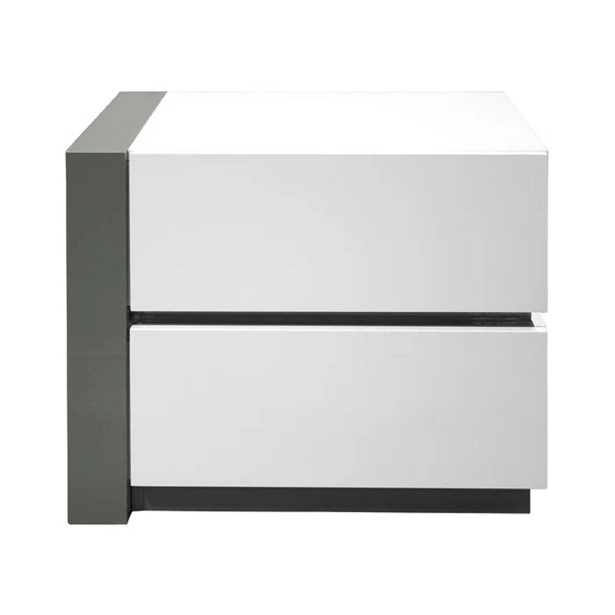 White high-gloss two-drawer nightstand with dark side panel and black base on Tampa Home & Garden Store