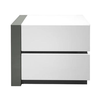 White high-gloss two-drawer nightstand with dark side panel and black base on Tampa Home & Garden Store