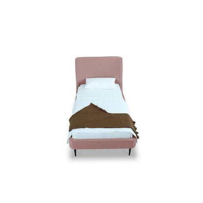 Heather upholstered bed with curved pink headboard, HouseOfZazla, white bedding, brown throw on Tampa Home & Garden Store
