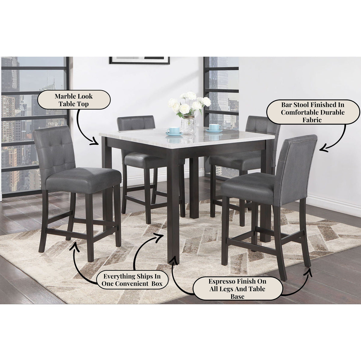 Espresso/White 5 Piece Bar Table and Stools Set with solid wood build and fabric stools on Tampa Home & Garden Store