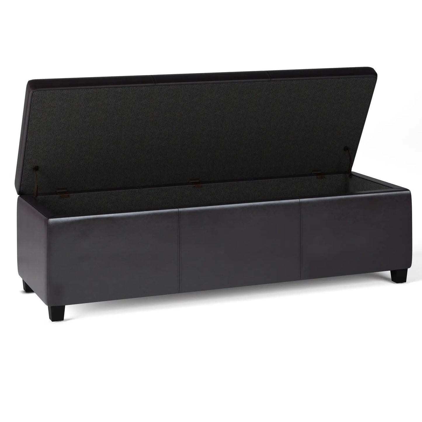 Avalon storage ottoman bench, black faux leather exterior, charcoal fabric, lid open on Tampa Home & Garden Store