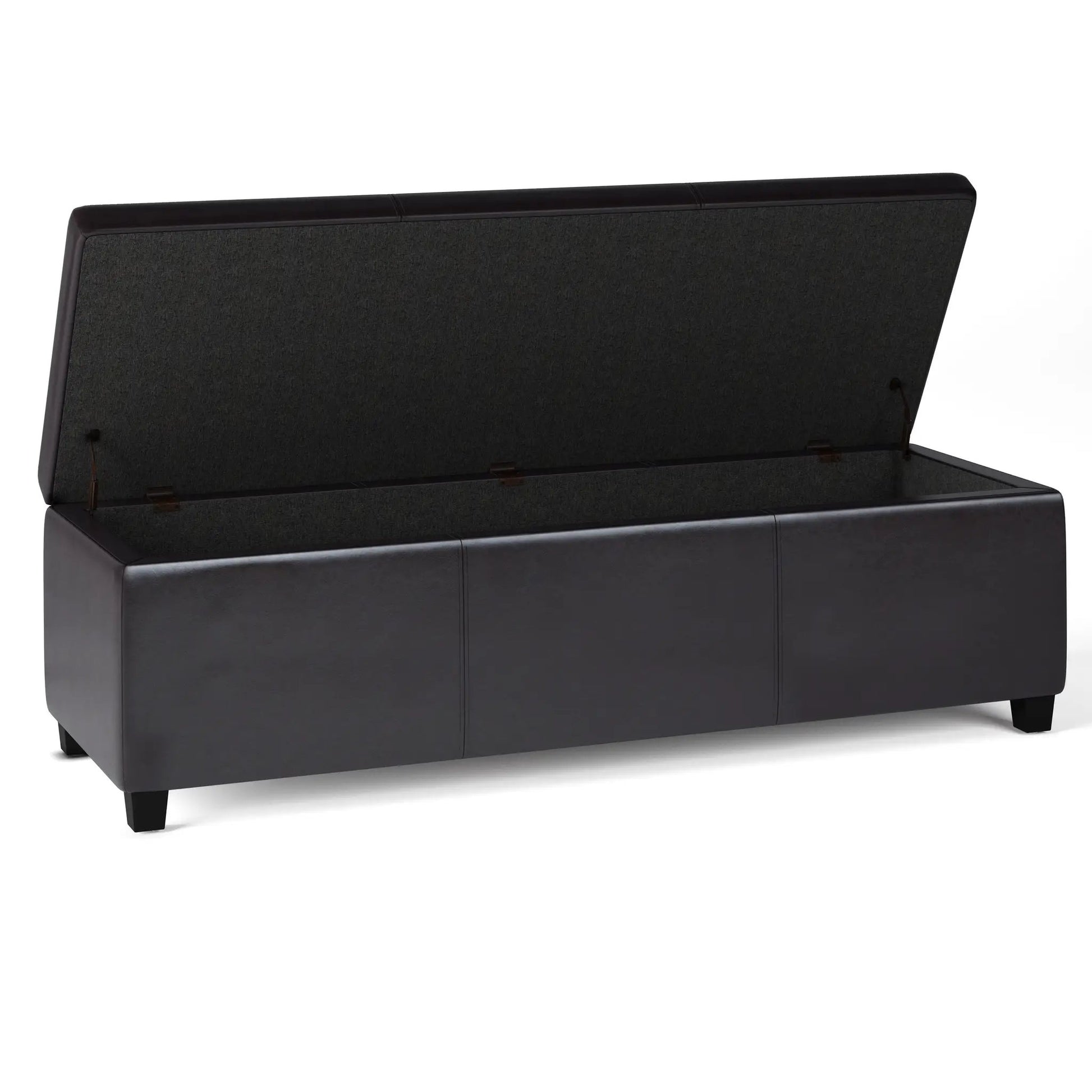 Avalon storage ottoman bench, black faux leather exterior, charcoal fabric, lid open on Tampa Home & Garden Store