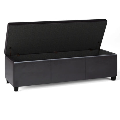 Avalon storage ottoman bench, black faux leather exterior, charcoal fabric, lid open on Tampa Home & Garden Store