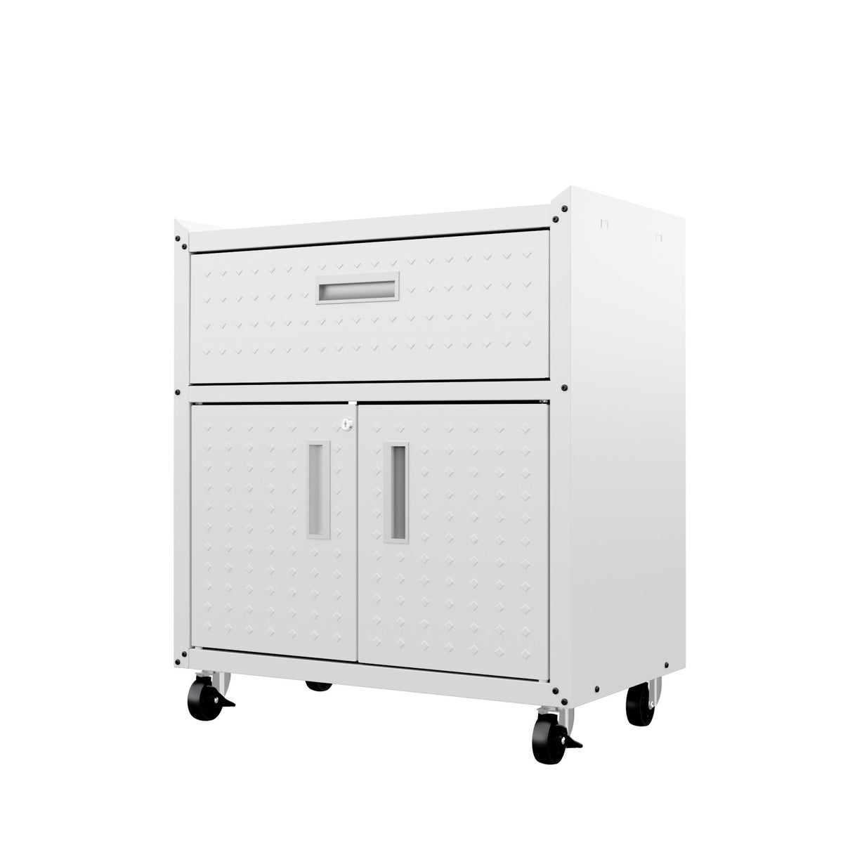 Mobile garage cabinet on wheels with locking system, white diamond-plate doors on Tampa Home & Garden Store