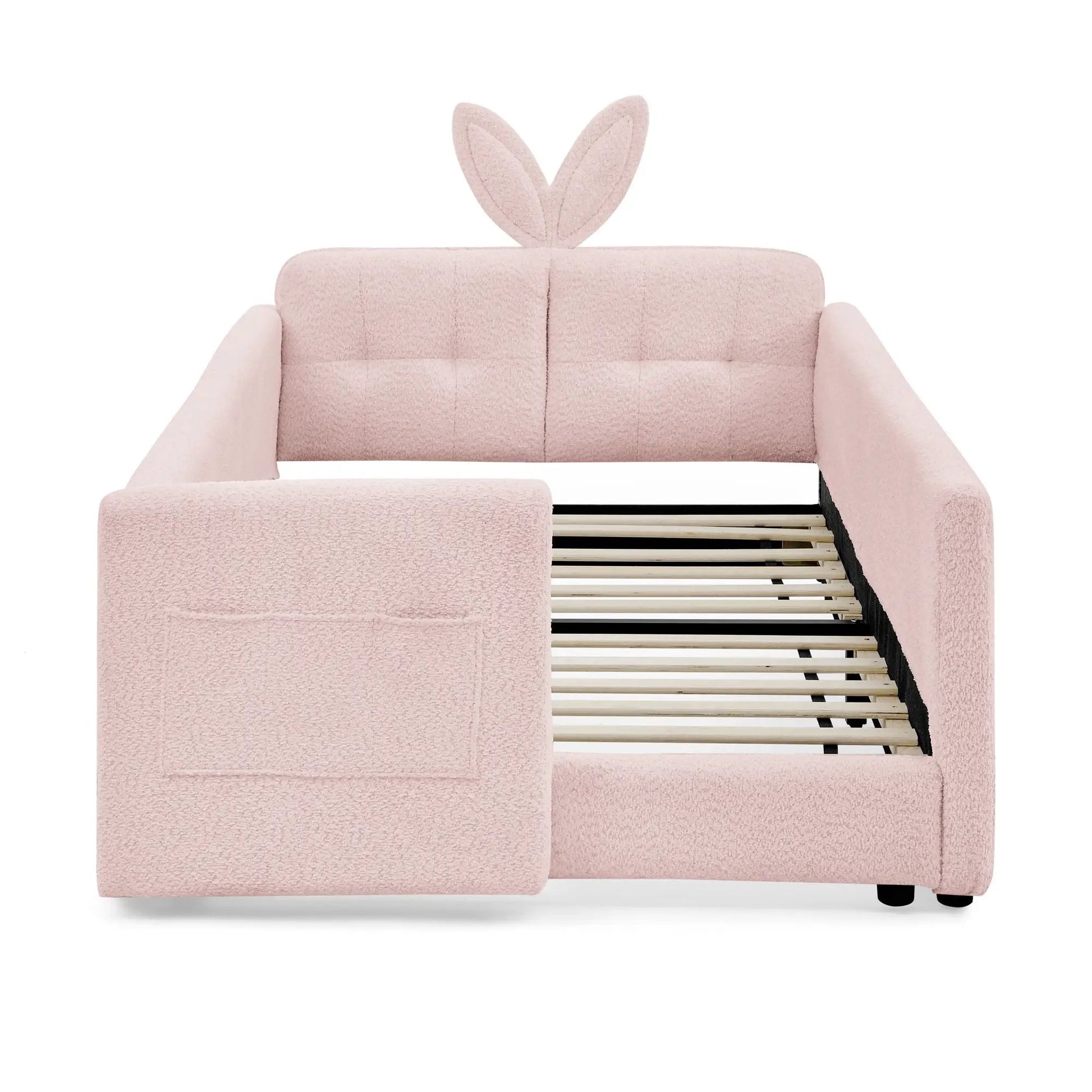 Cute Rabbit Ear upholstered platform bed with safety rail, Unique Piece Furniture, pink on Tampa Home & Garden Store