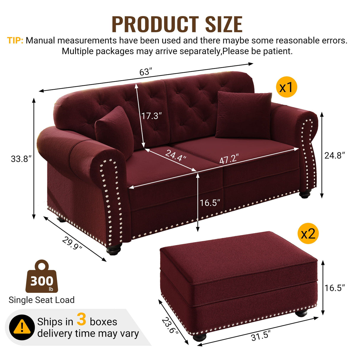 Upholstered Sofa Set with Nailhead and Pillows