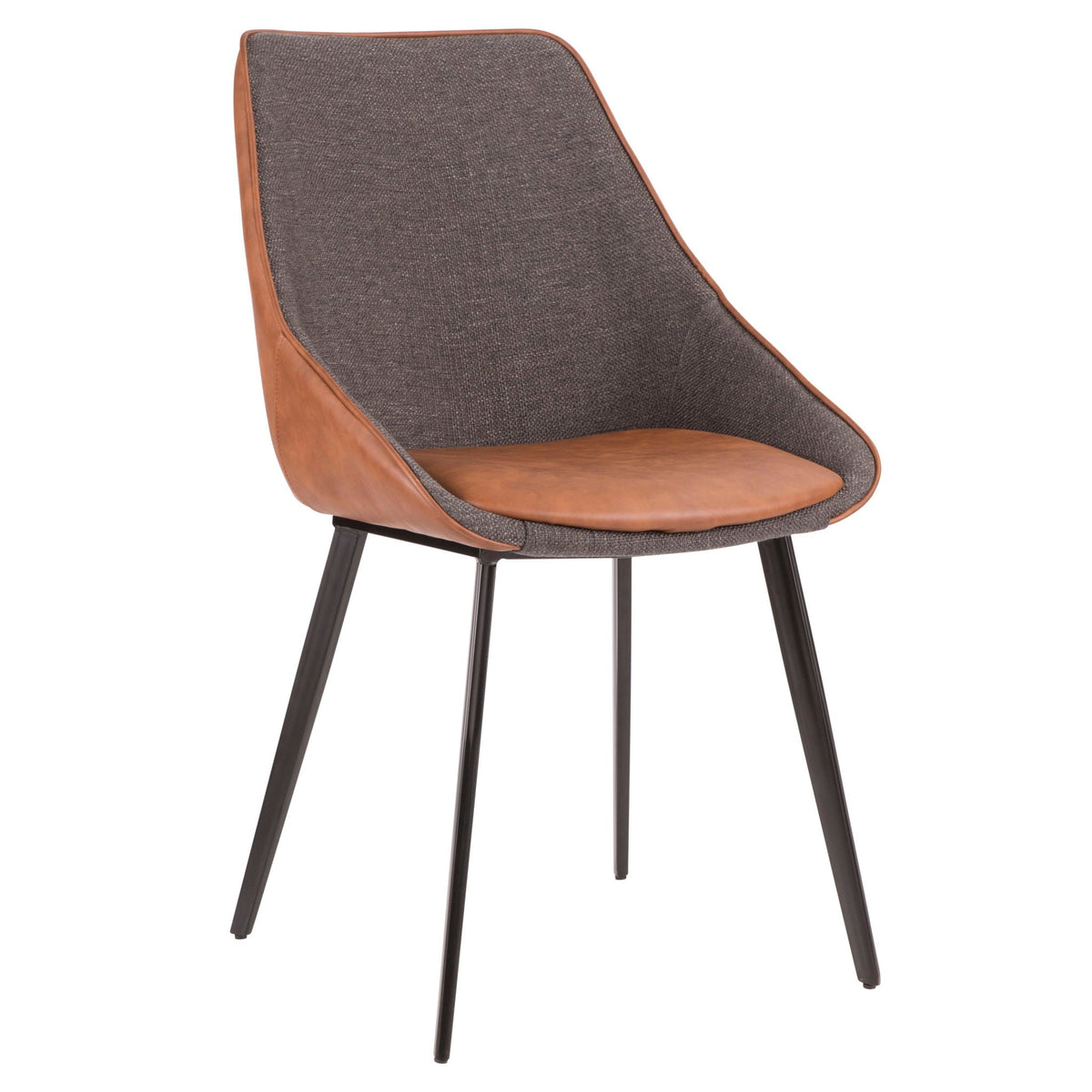 Contemporary kid chair with brown faux leather trim, gray upholstery, and black metal legs on Tampa Home & Garden Store