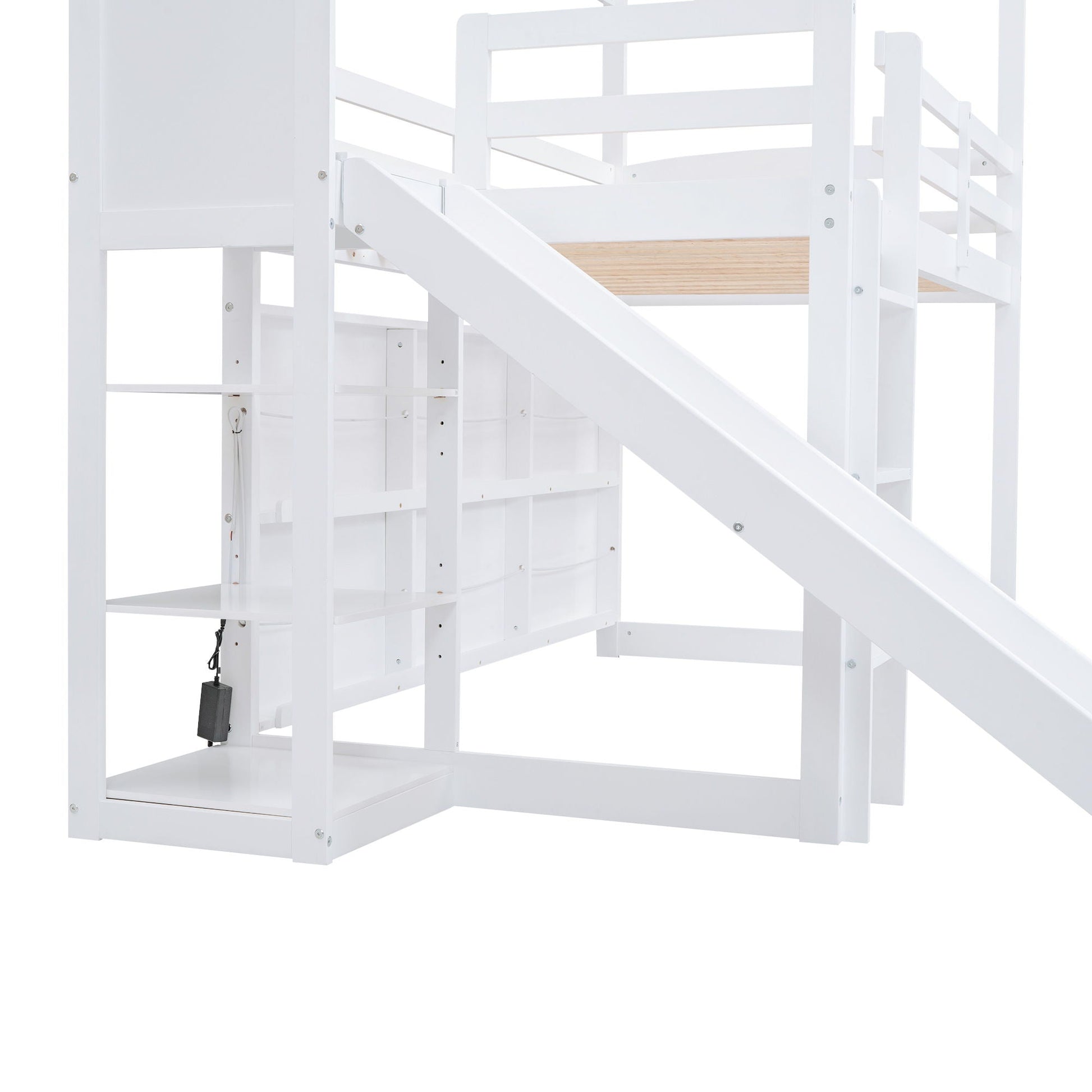 White loft bed with slide, storage shelves and climbing ramp by HouseOfZazla on Tampa Home & Garden Store
