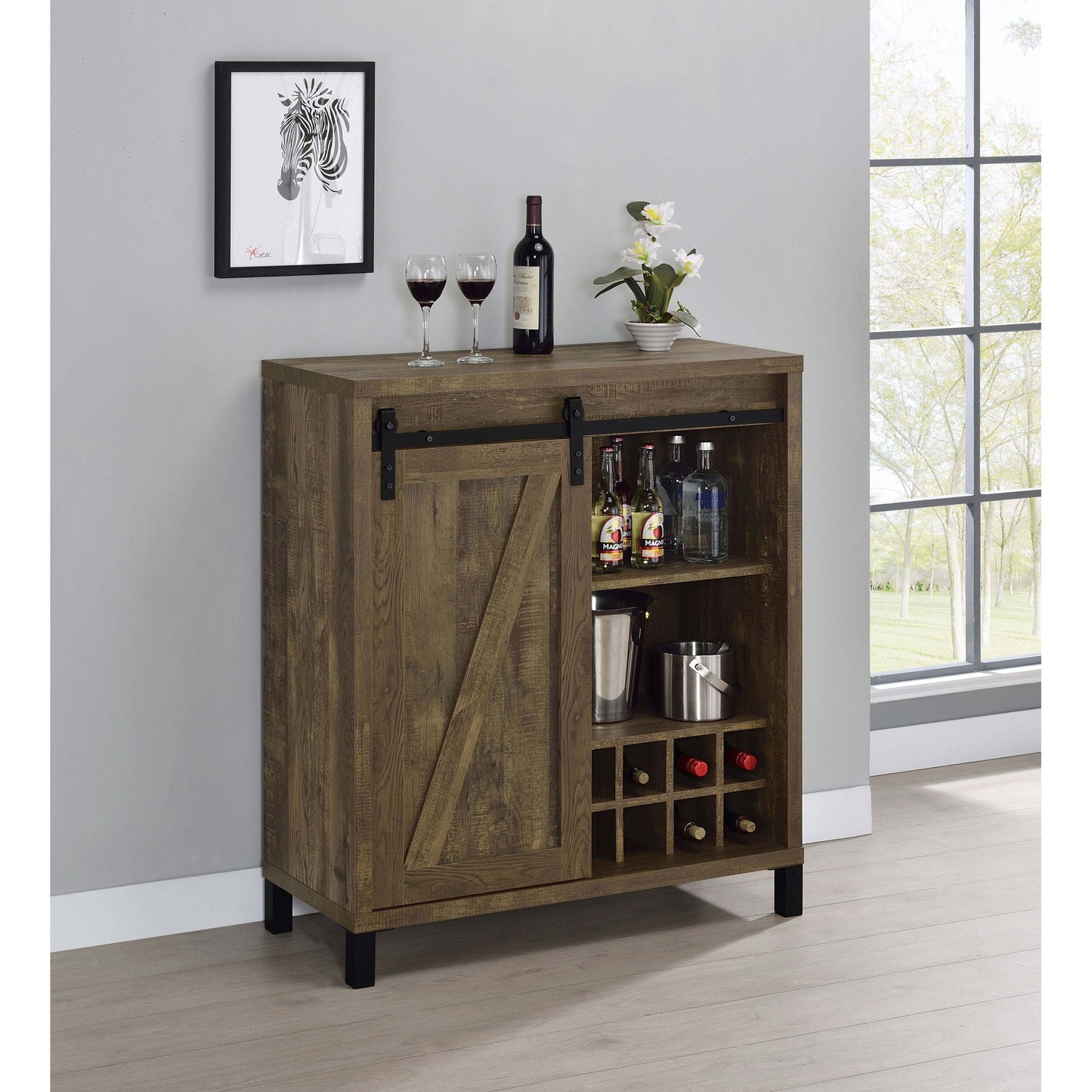 Arcata oak sliding-door wine cabinet by HouseOfZazla; barn hardware top bottle 2 glasses on Tampa Home & Garden Store