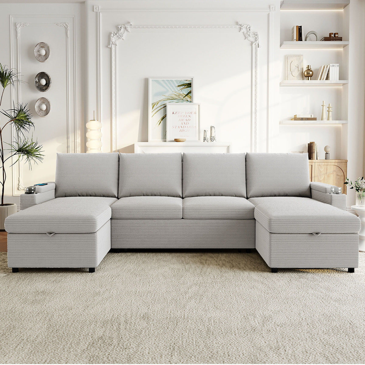 Gray fabric U-shaped sleeper sectional sofa with storage chaise lounges on Tampa Home & Garden Store