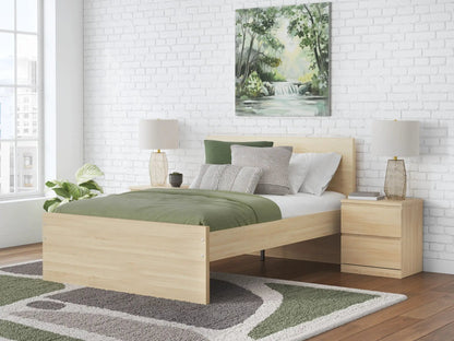 Onita Panel Platform Bed natural wood finish with green bedding storage bed on Tampa Home & Garden Store