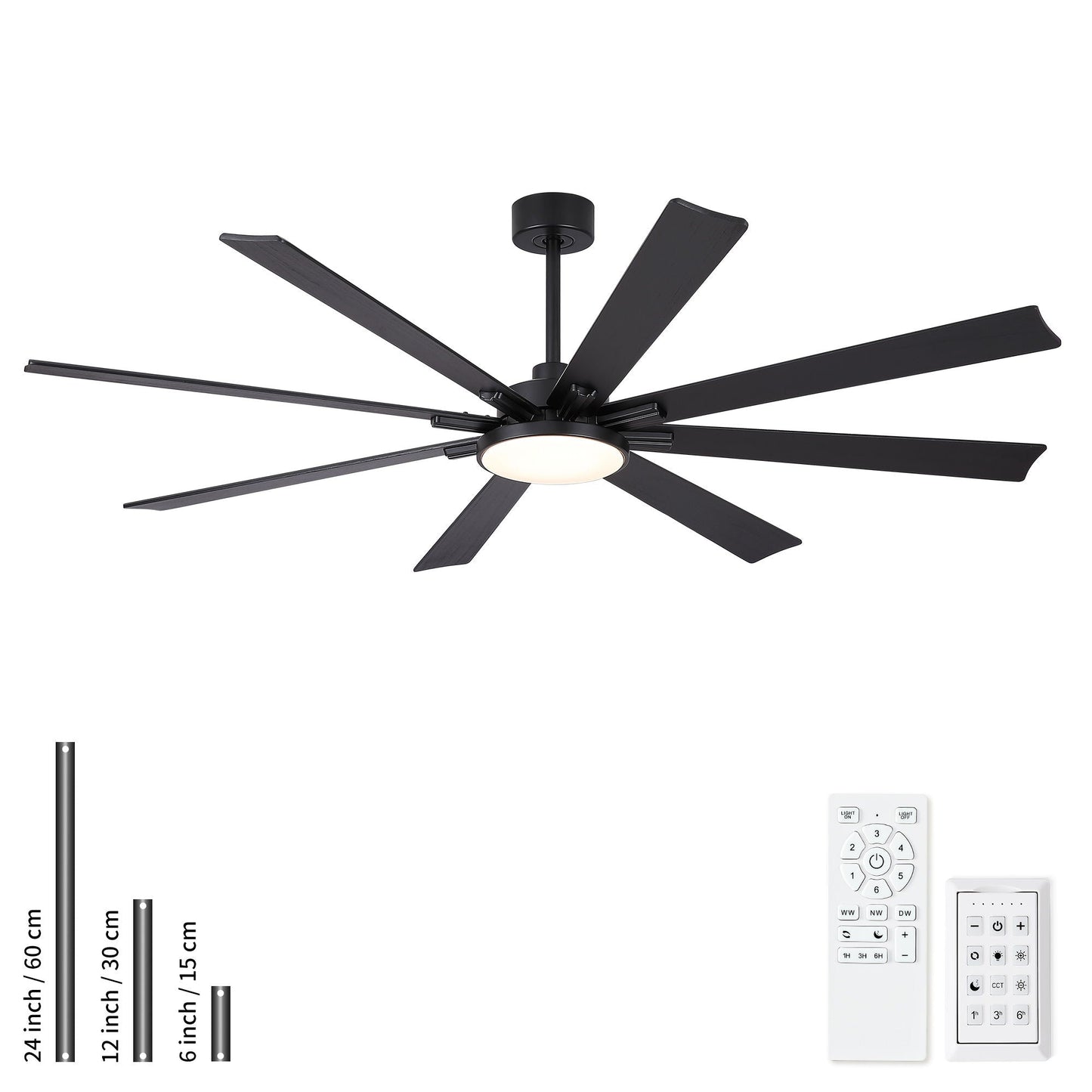 Large black 8-blade ceiling fan with dimmable LED light, DC motor, and remote control on Tampa Home & Garden Store