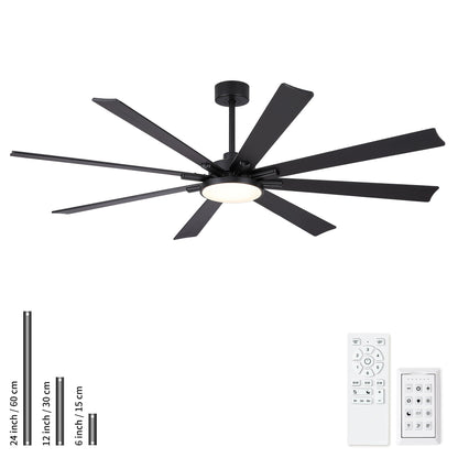 Large black 8-blade ceiling fan with dimmable LED light, DC motor, and remote control on Tampa Home & Garden Store