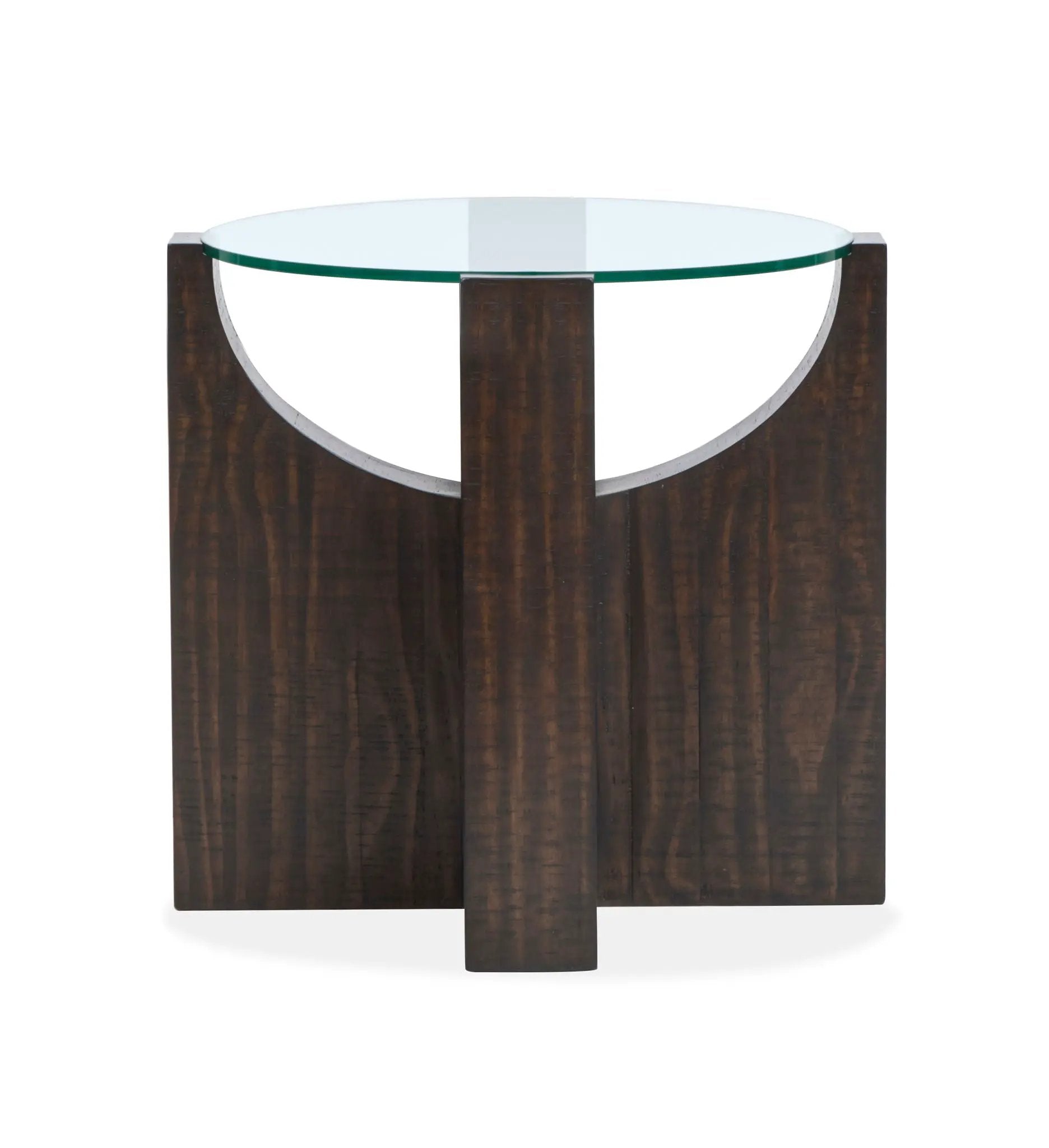 Beckham end table Unique Piece Furniture round glass top on dark wood base on Tampa Home & Garden Store