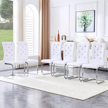 Elegant Design Upholstered Dining Chairs in white leather with tufted studs and chrome bases on Tampa Home & Garden Store