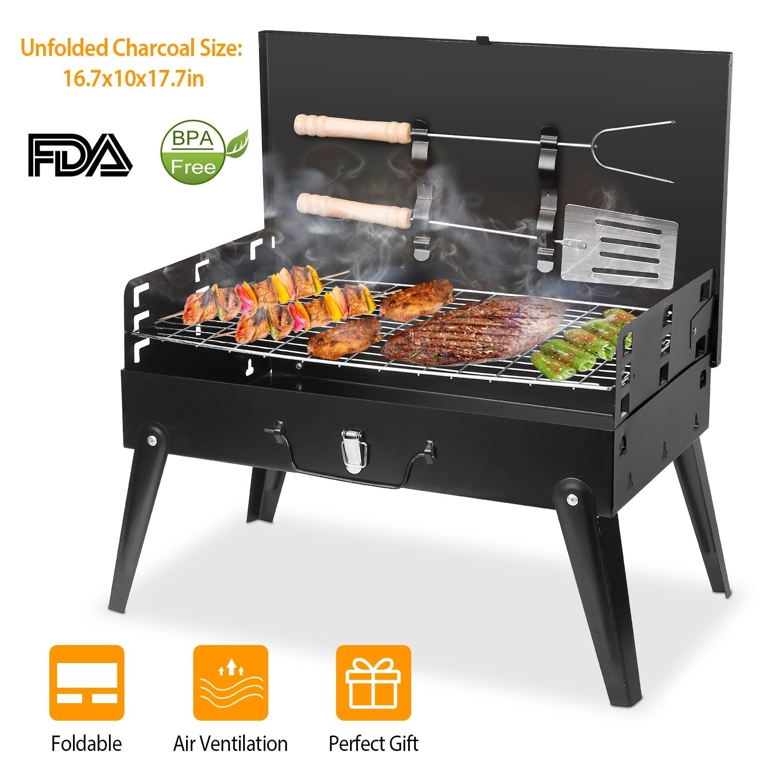GemGear portable charcoal grill foldable suitcase with steel grate and wooden skewers on Tampa Home & Garden Store
