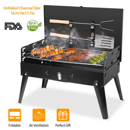 GemGear portable charcoal grill foldable suitcase with wooden-handled tools, black steel on Tampa Home & Garden Store