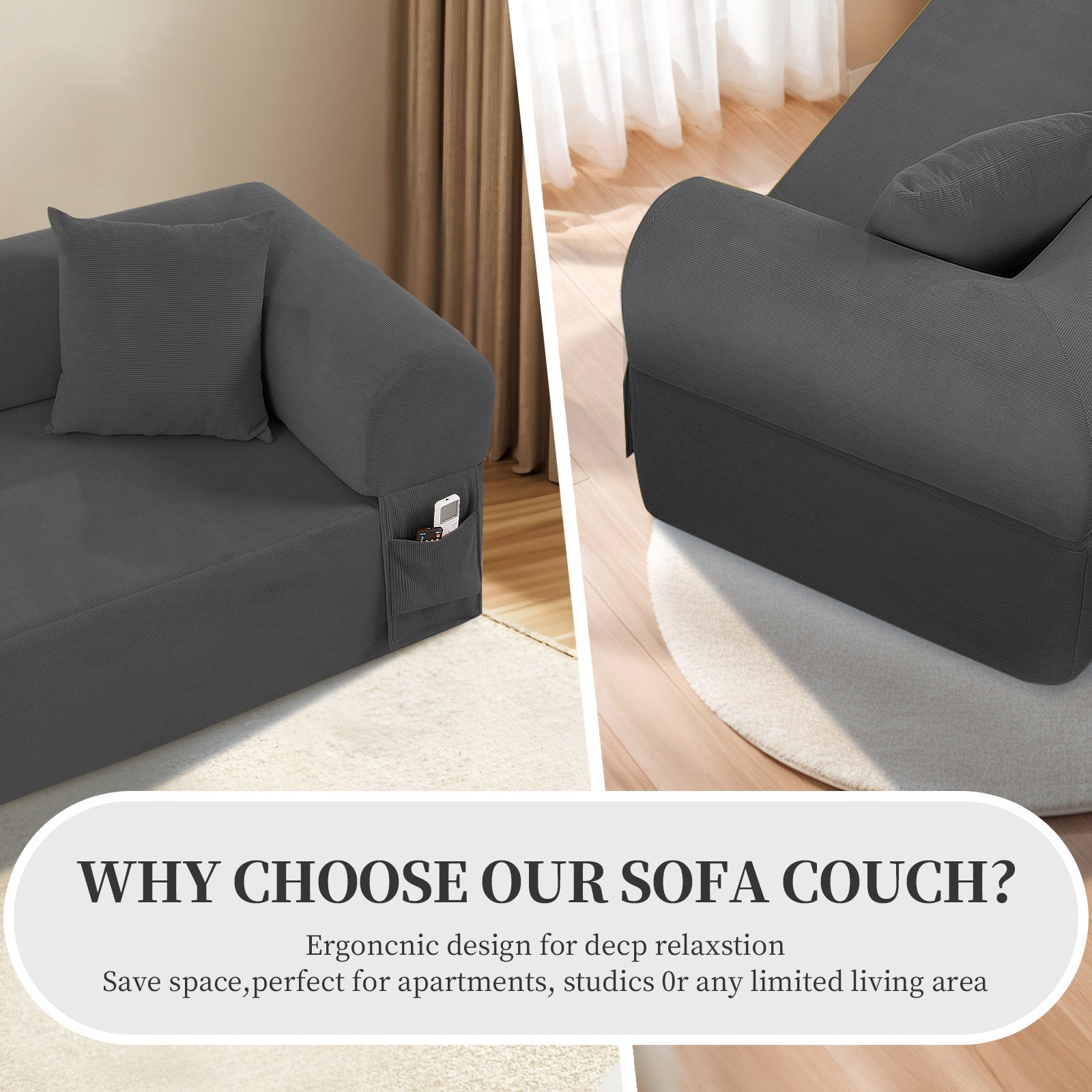 Spring sofa in gray high-quality fabric with storage pocket and pillows by HouseOfZazla on Tampa Home & Garden Store