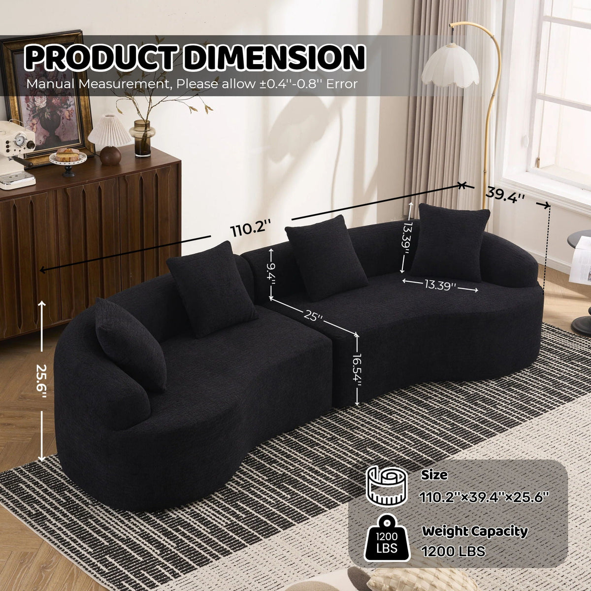 HouseOfZazla 4-seater black fabric stationary sectional sofa with 4 cushions on Tampa Home & Garden Store