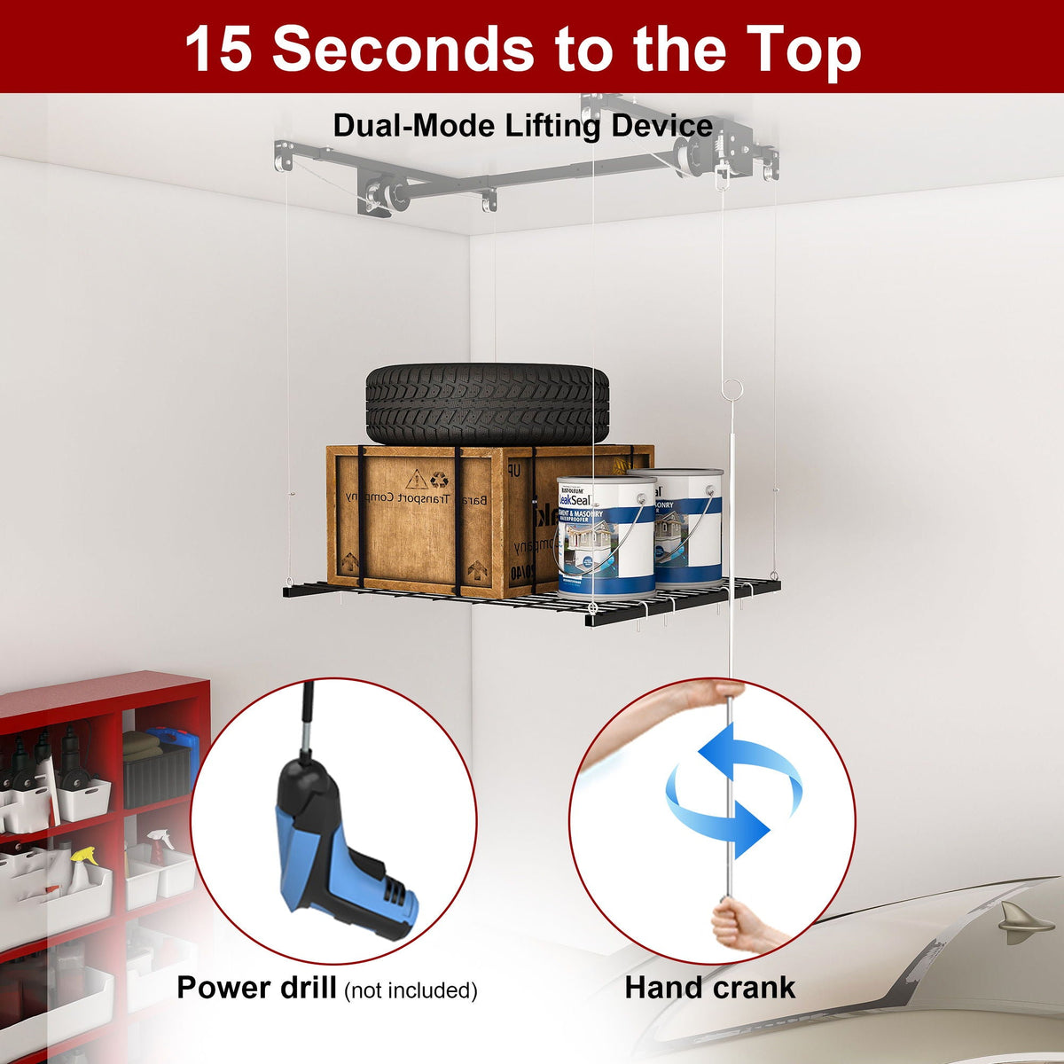 Overhead garage storage rack with crank lifting system in black, ceiling-mounted on Tampa Home & Garden Store