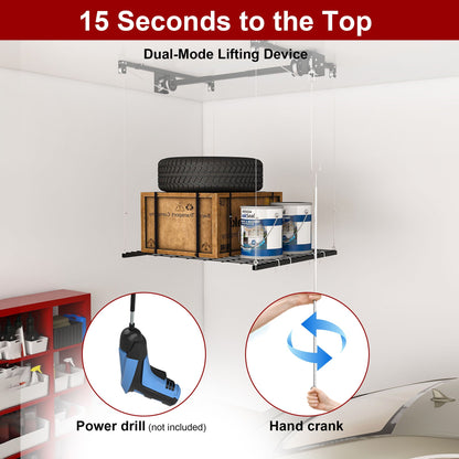 Overhead garage storage rack with crank lifting system in black, ceiling-mounted on Tampa Home & Garden Store