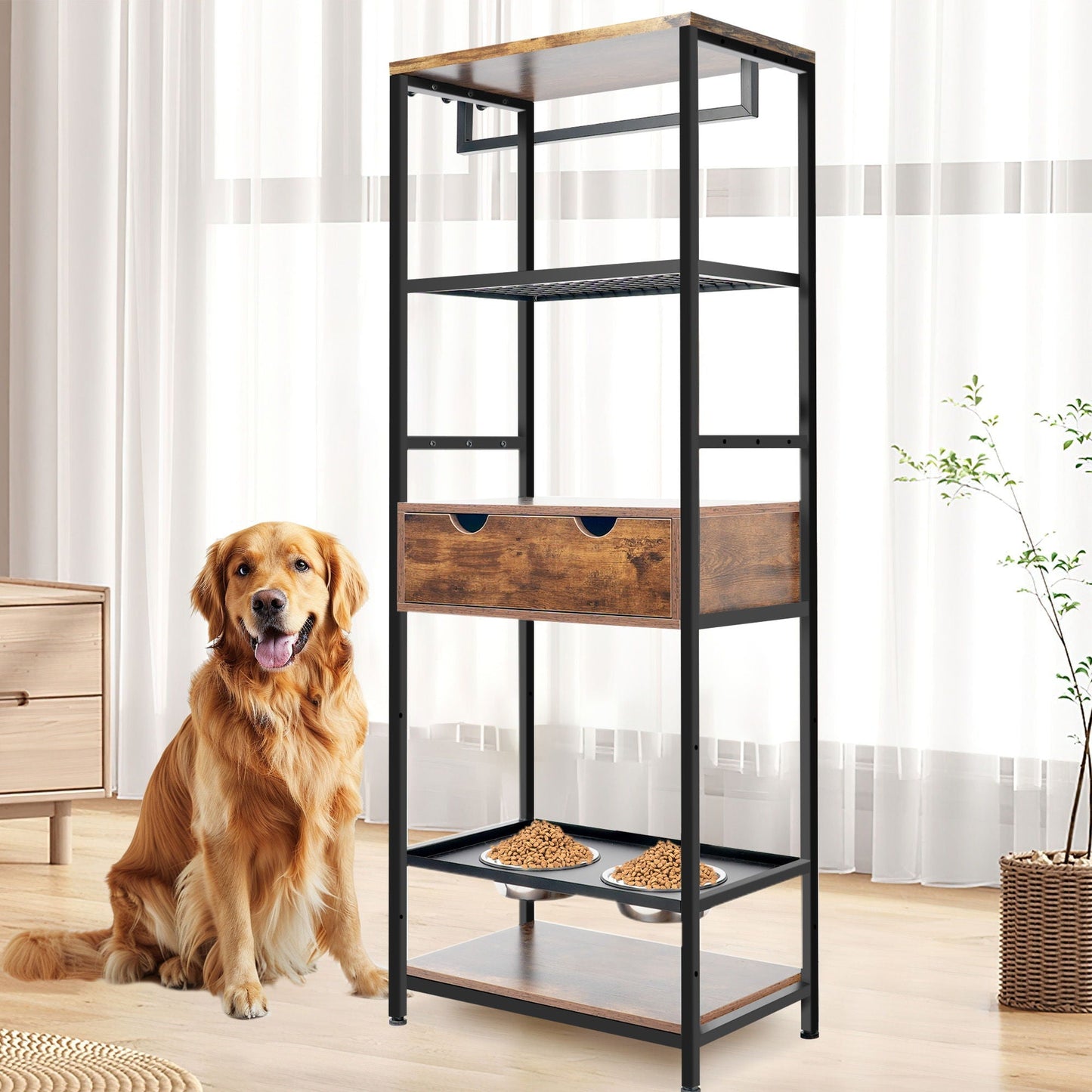 Dog feeding station with 3 height adjustable bowls in black frame and dark brown shelves on Tampa Home & Garden Store