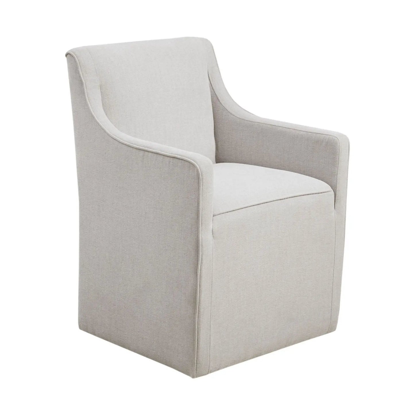 Traditional skirted dining arm chair in beige fabric with clean lines on Tampa Home & Garden Store