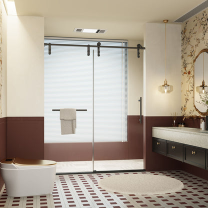 Frameless single sliding shower doors with towel rail & handle in dark metal finish on Tampa Home & Garden Store
