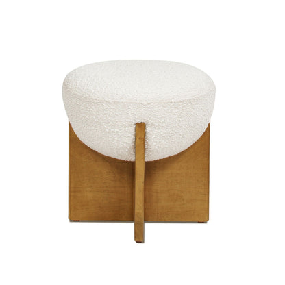 Round upholstered storage ottoman by HouseOfZazla, white boucle fabric with wooden legs on Tampa Home & Garden Store